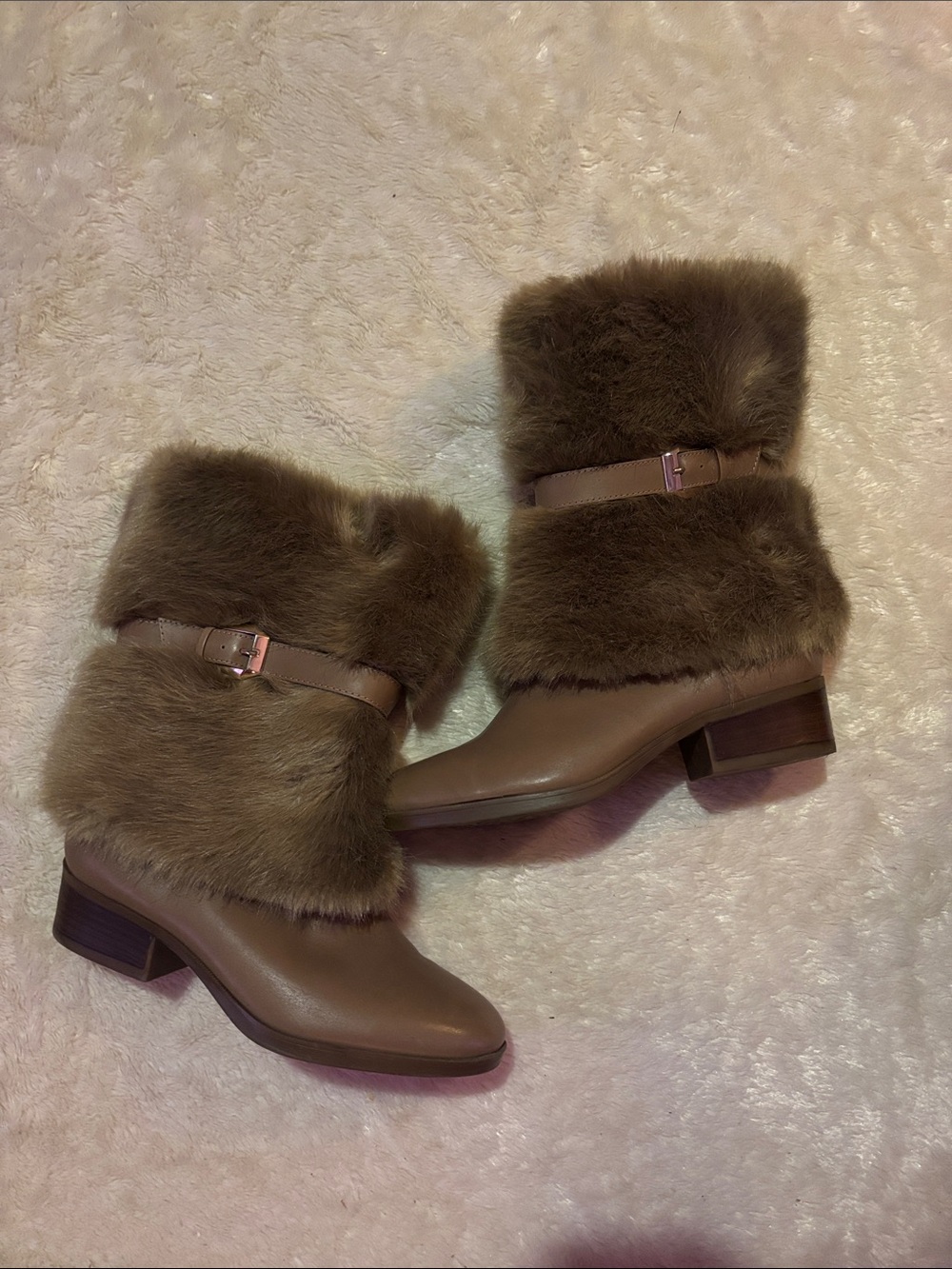 Taryn Rose Taupe Brown Faux Fur Mid-Calf Heeled Boots